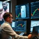 Professional trader analyzing Apple iPhone strategy impact on tech market opportunities with multiple monitors