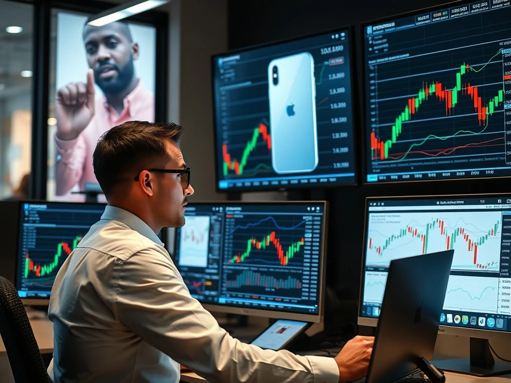 Professional trader analyzing Apple iPhone strategy impact on tech market opportunities with multiple monitors