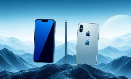 A visual representation of the intense market competition, showing an Apple iPhone and a Samsung device in a strategic standoff, highlighting the Apple iPhone threat.