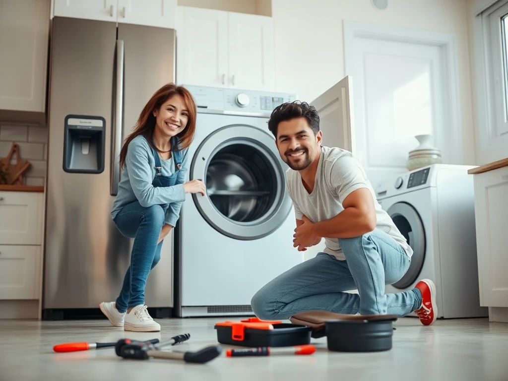 A homeowner successfully performing appliance repair, embodying the essential Appliance Repair Tips for DIY success.