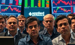 Concerned investors reacting to negative **Applied Materials earnings** news, with stock charts in the background.
