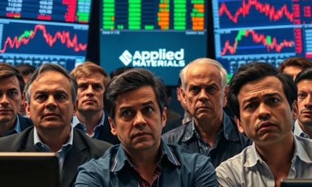 Concerned investors reacting to negative **Applied Materials earnings** news, with stock charts in the background.