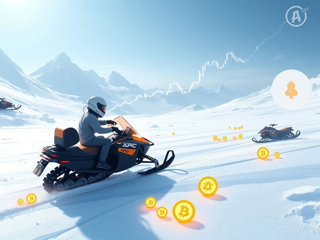 An adventurous scene depicting Arctic Pablo Coin's journey towards a 900% ROI, alongside Polkadot's market momentum.