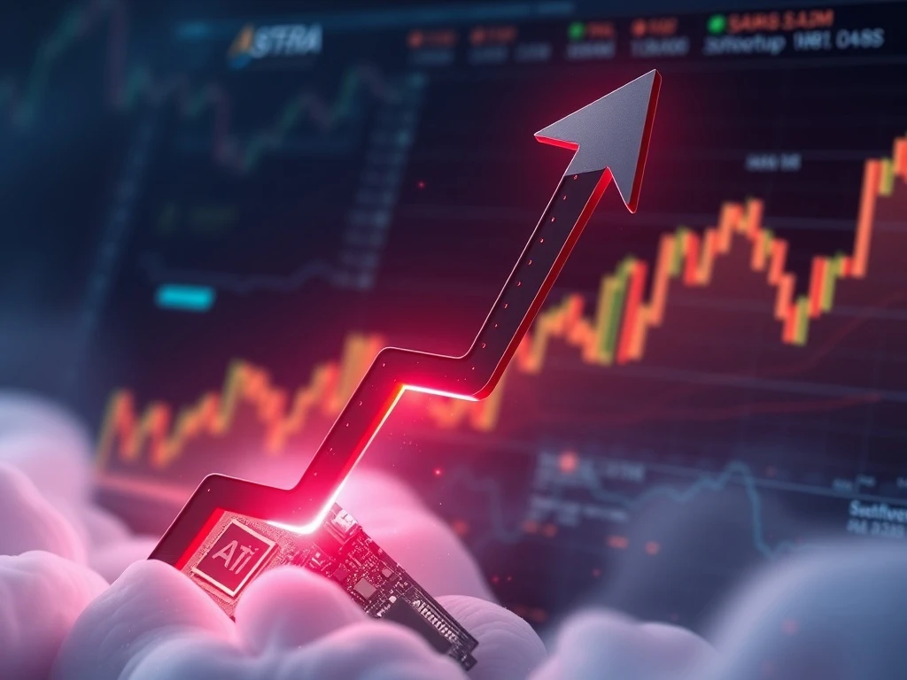 Astera Labs stock represented by an upward arrow on a financial chart, symbolizing its strong market performance and future growth potential in AI infrastructure.