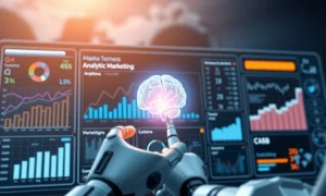 An AI-powered dashboard managing a complex digital marketing campaign, symbolizing the efficiency and future of autonomous marketing.