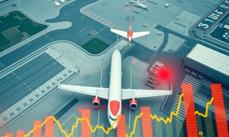 Warning sign over airline stocks with declining financial charts and aircraft symbols