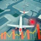 Warning sign over airline stocks with declining financial charts and aircraft symbols