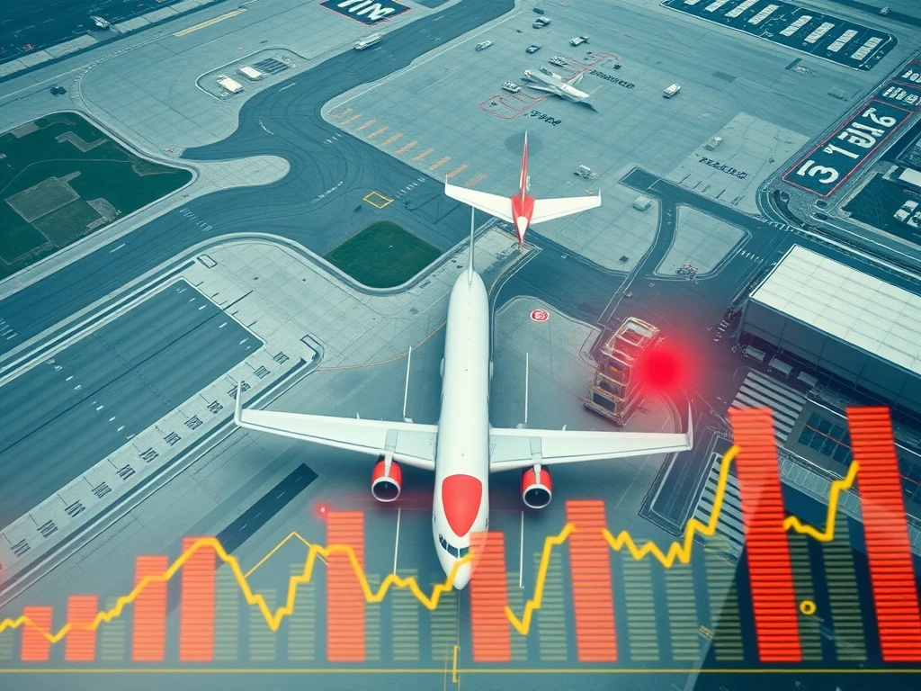 Warning sign over airline stocks with declining financial charts and aircraft symbols