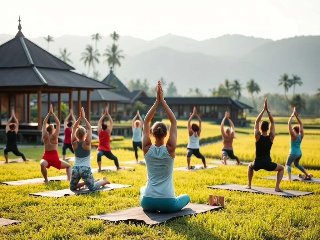 A tranquil outdoor yoga retreat in Bali, symbolizing accessible wellness and connection through mindful practice.
