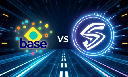 A visual metaphor of Base's rapid growth on Ethereum L2 challenging Solana's established dominance in token launches.