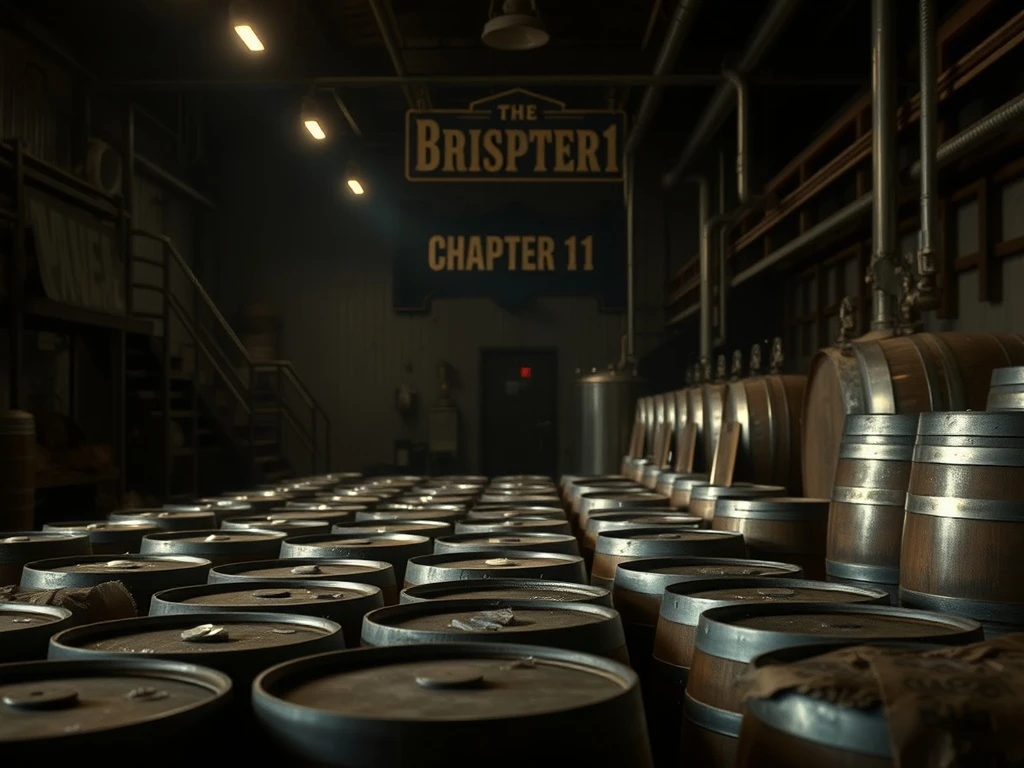 Depiction of a brewery facing beer brand bankruptcy, symbolizing financial restructuring efforts and a path forward.
