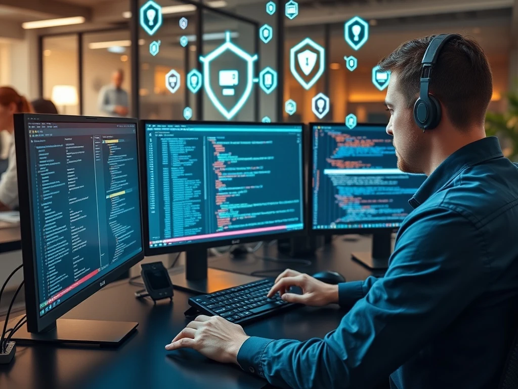 Cybersecurity career professional monitoring network security systems and digital protection protocols