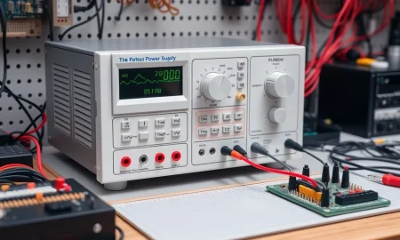A reliable bench power supply on a workbench, providing stable power for intricate electronics projects and testing.