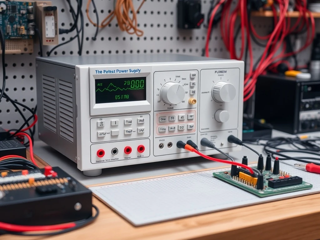 A reliable bench power supply on a workbench, providing stable power for intricate electronics projects and testing.