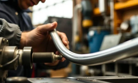 A skilled professional precisely shaping aluminum tubing using a specialized bending machine, demonstrating effective bending aluminum tubing techniques.