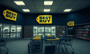 Best Buy store closures affecting retail locations nationwide with empty shelves and closed signs