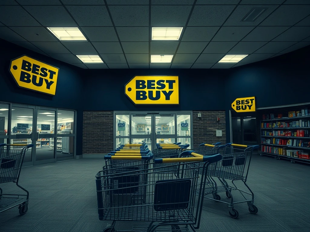 Best Buy store closures affecting retail locations nationwide with empty shelves and closed signs
