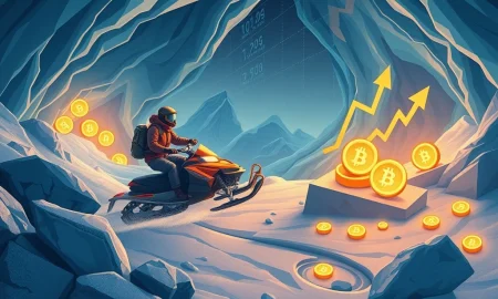 An adventurer finding the best crypto coin with 100x potential amidst a digital icy landscape, symbolizing significant investment opportunities.