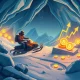 An adventurer finding the best crypto coin with 100x potential amidst a digital icy landscape, symbolizing significant investment opportunities.