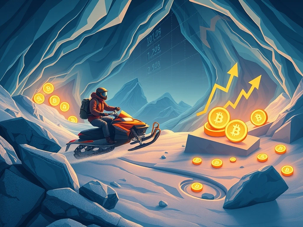 An adventurer finding the best crypto coin with 100x potential amidst a digital icy landscape, symbolizing significant investment opportunities.
