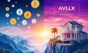 Visualizing the best crypto coins of 2025, bridging digital assets like AVLX, DOGE, BONK, and PEPE with real-world investments.