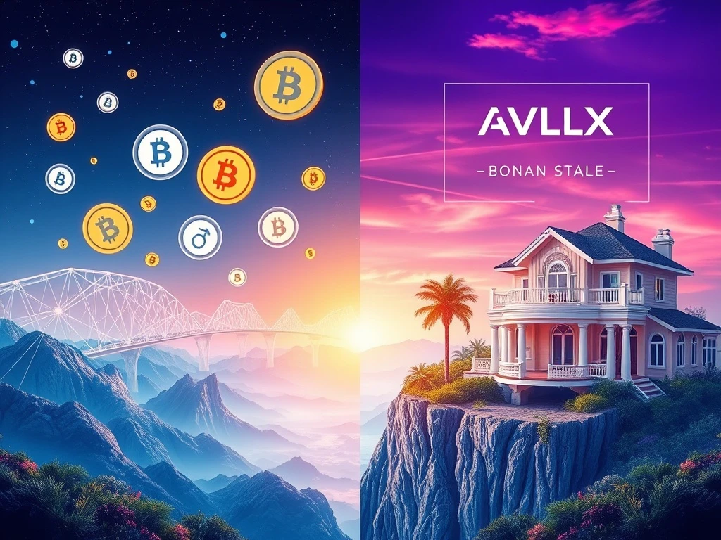 Visualizing the best crypto coins of 2025, bridging digital assets like AVLX, DOGE, BONK, and PEPE with real-world investments.