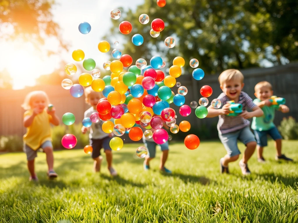 Biodegradable gel ball blaster ammo in action during clean backyard gameplay