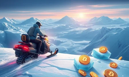 An adventurous explorer on a snowmobile in an icy digital landscape, symbolizing the high ROI potential of the Best Meme Coins to Watch This Week.
