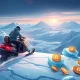 An adventurous explorer on a snowmobile in an icy digital landscape, symbolizing the high ROI potential of the Best Meme Coins to Watch This Week.
