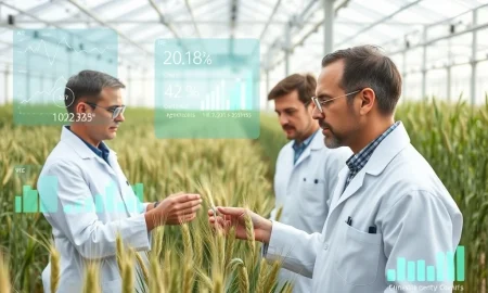 Biostimulant startup research team analyzing crop growth data in modern agricultural laboratory