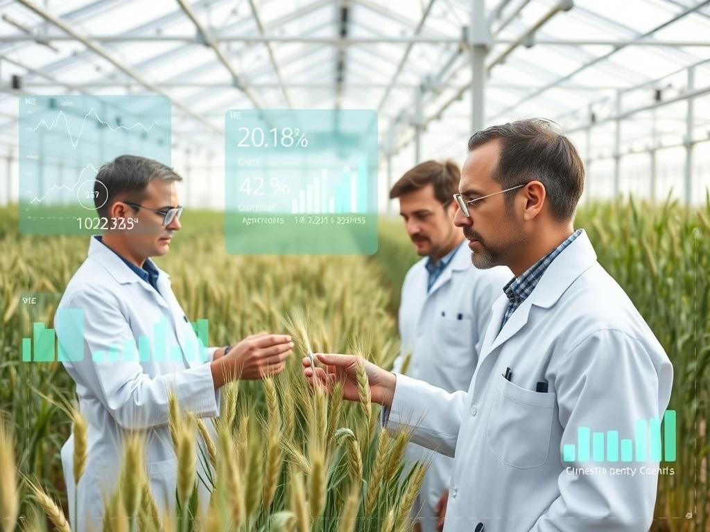 Biostimulant startup research team analyzing crop growth data in modern agricultural laboratory