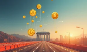 A digital illustration depicting the Bank for International Settlements (BIS) implementing a new Crypto AML framework, scrutinizing cryptocurrency flows at off-ramps to prevent illicit funds from entering the traditional financial system.