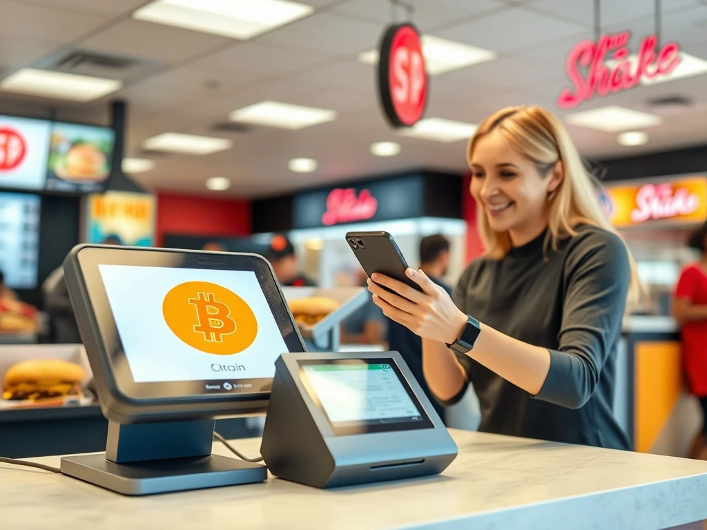 A Steak ‘n Shake restaurant sign with a subtle Bitcoin logo overlay, symbolizing successful Bitcoin adoption driving sales growth.