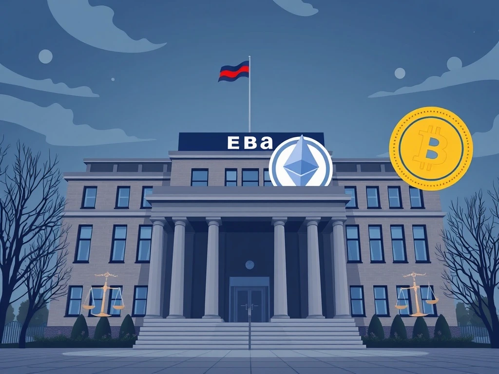 An illustration depicting strict Bitcoin capital rules imposed by the EU, showing the EBA building with cryptocurrency symbols and regulatory overlays.