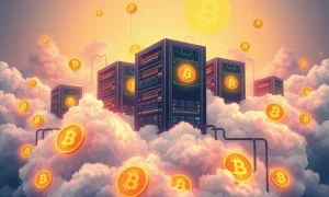 Bitcoin cloud mining operation showing digital extraction process with cryptocurrency symbols