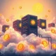 Bitcoin cloud mining operation showing digital extraction process with cryptocurrency symbols