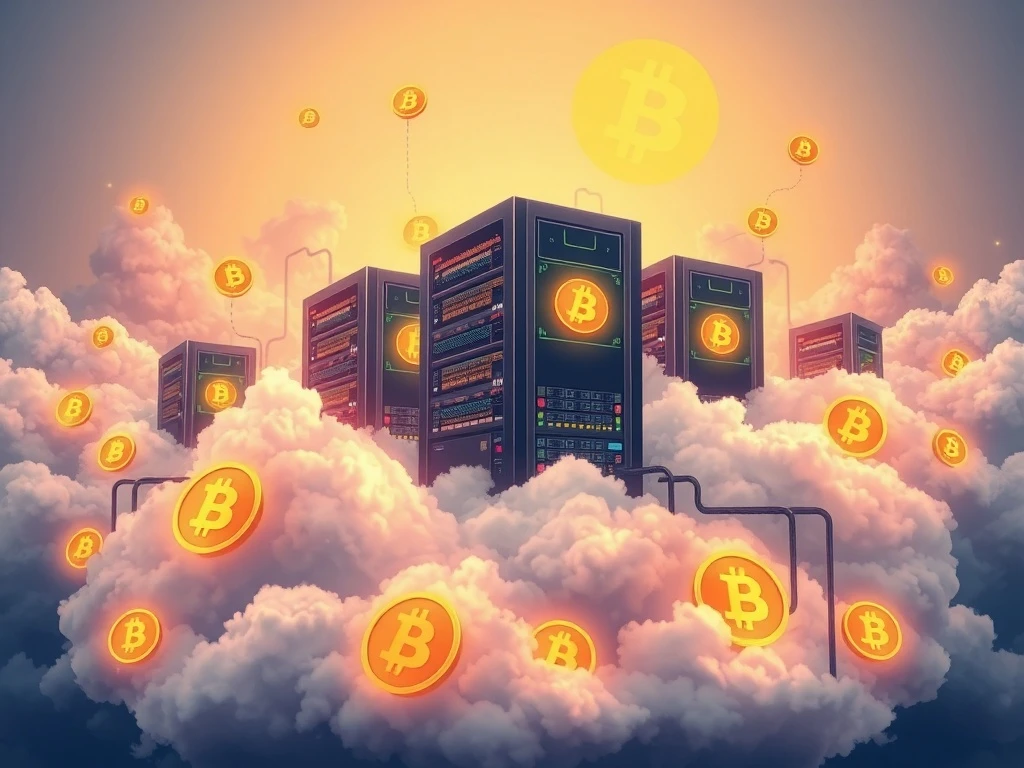 Bitcoin cloud mining operation showing digital extraction process with cryptocurrency symbols