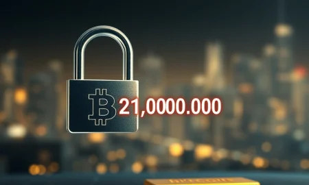 A digital padlock securing a chain, symbolizing the unchangeable Bitcoin hard cap of 21 million coins.