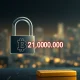 A digital padlock securing a chain, symbolizing the unchangeable Bitcoin hard cap of 21 million coins.