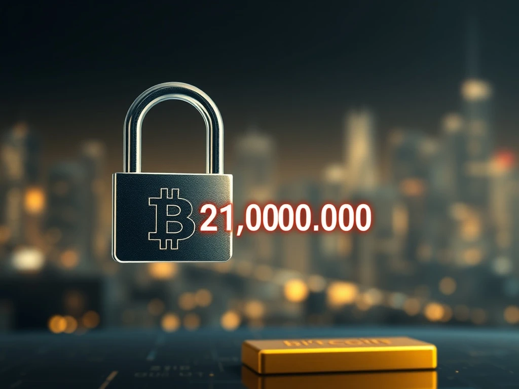 A digital padlock securing a chain, symbolizing the unchangeable Bitcoin hard cap of 21 million coins.