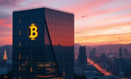A modern financial building with Bitcoin elements, symbolizing the arrival of Bitcoin investment banks in El Salvador and its progressive financial future.