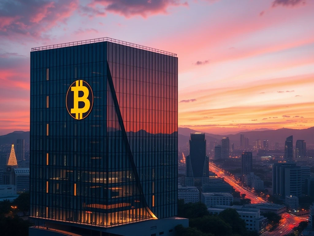 A modern financial building with Bitcoin elements, symbolizing the arrival of Bitcoin investment banks in El Salvador and its progressive financial future.