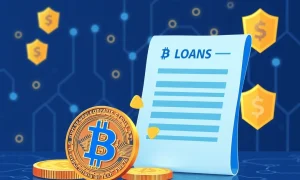 Secure Bitcoin lending transformation showing digital coins converting to financial documents with blockchain security