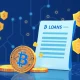 Secure Bitcoin lending transformation showing digital coins converting to financial documents with blockchain security