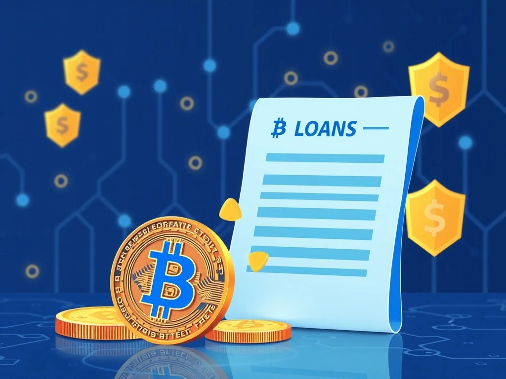 Secure Bitcoin lending transformation showing digital coins converting to financial documents with blockchain security