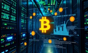 Digital interface displaying AI algorithms optimizing Bitcoin mining operations within a secure, futuristic Web3.0 environment.