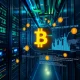 Digital interface displaying AI algorithms optimizing Bitcoin mining operations within a secure, futuristic Web3.0 environment.