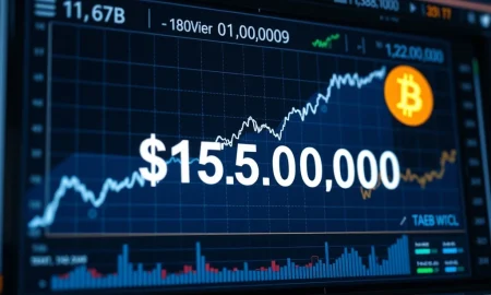 An executive confidently points to a chart showing Bitcoin price potentially reaching $150,000, illustrating market predictions.