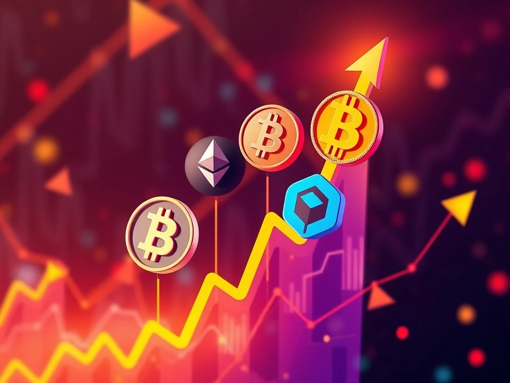 A dynamic chart showing Bitcoin price holding strong, surrounded by surging altcoin symbols, representing the current crypto market rally.