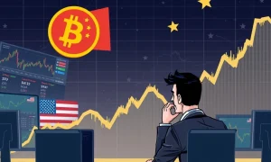 Bitcoin price chart declining amid US trade deficit and Chinese banking crisis indicators